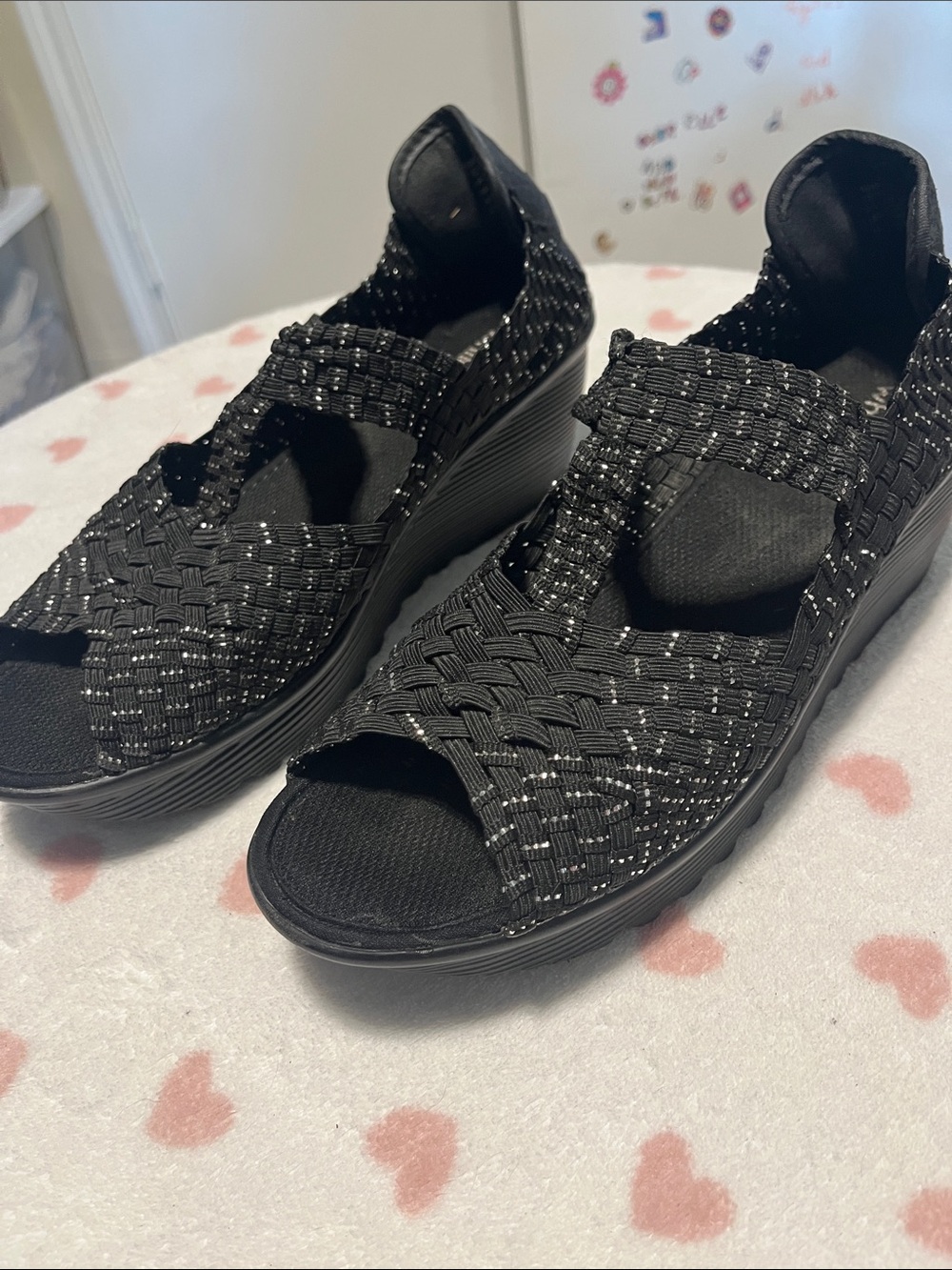 Black Woven Stretch Women's Sandals with Subtle Sparkle - Comfort Slip-On
